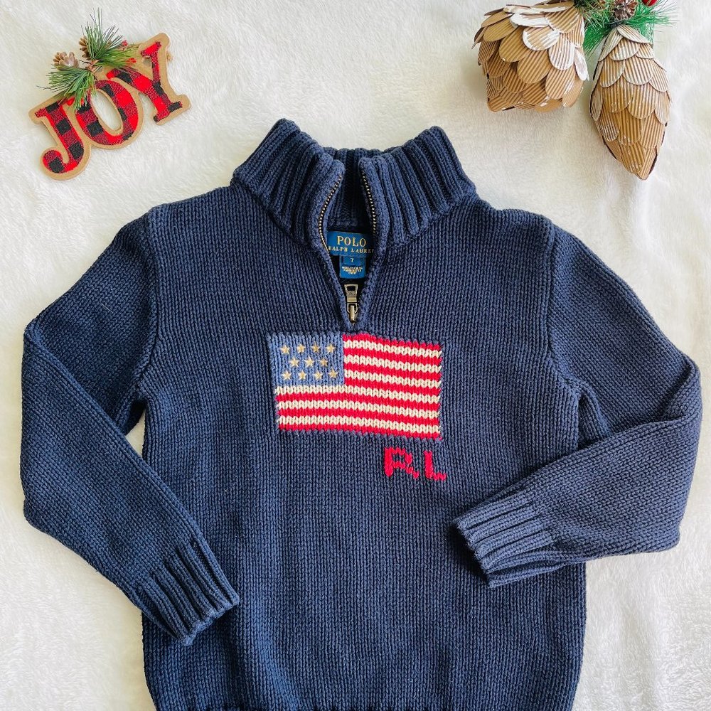 Polo Ralph Lauren Kids 1/2 Zip Mock Neck USA Flag Sweater Navy Size 7